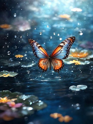 Schmetterling fliegt über das Wasser