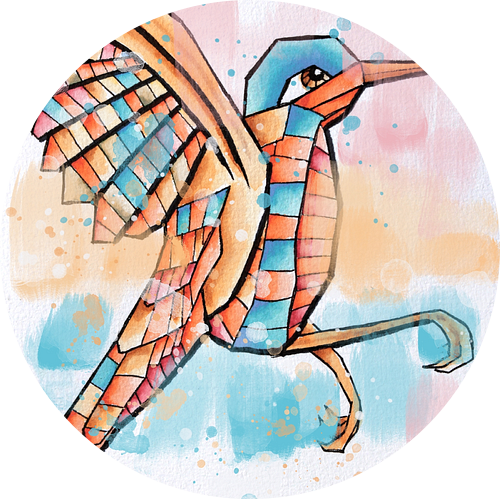 Aquarel schilderij van kleurige vogel. Met waterverf zijn mooie verlopen aangebracht in de verschill