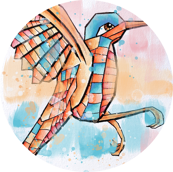 Aquarel schilderij van kleurige vogel. Met waterverf zijn mooie verlopen aangebracht in de verschill van Emiel de Lange
