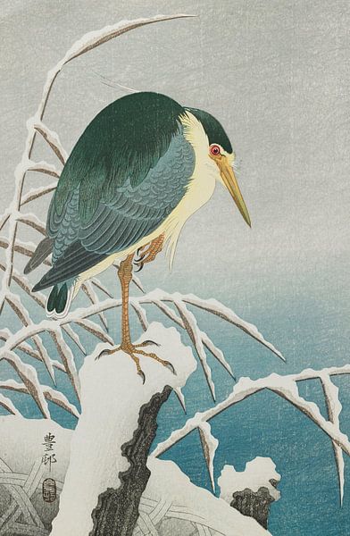 Zwart-gekroonde nachtkamer in Snow, Ohara Koson van Meesterlijcke Meesters