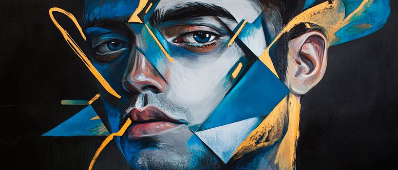 Abstract portrait art in blue and gold by Poster Art Shop