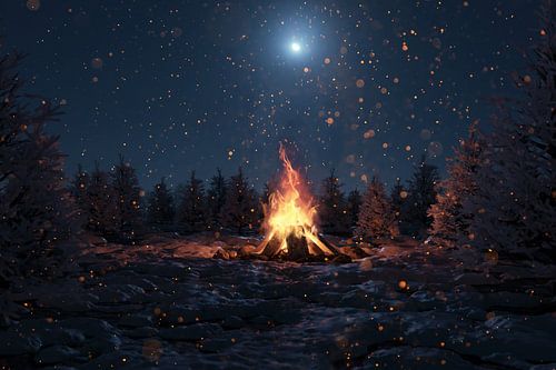 Feu de camp dans une nuit d'hiver étoilée au clair de lune
