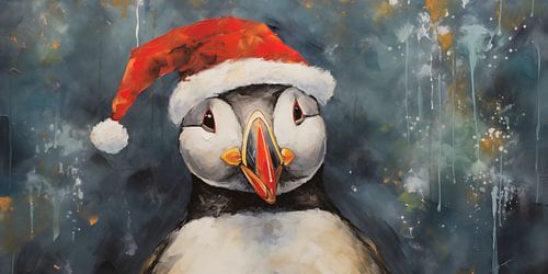 Puffin wearing a Santa hat