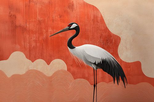 Crane in Fiery Landscape Orange earth tones