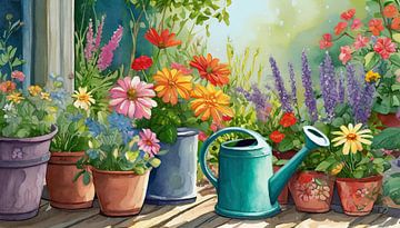 Fleurs en pots et arrosoir, peinture de fond de jardin sur Animaflora PicsStock
