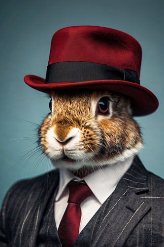 Konijn in pak en rode hoed