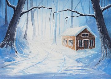 Houten hut langs een besneeuwd wandelpad - Geschilderde Illustratie van Maarten Pietersma
