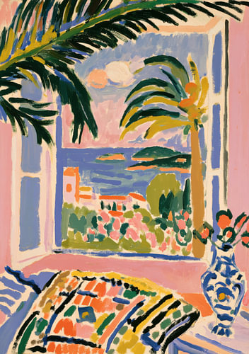 Fauvistische Küstenansicht - Mediterraner Fensterblick mit Palme