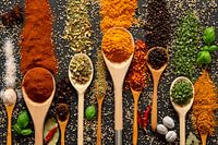 Spices and herbs on ladles in a colourful palette.