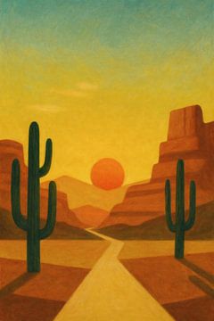 Desert Sunset with Cactus and Canyon Silhouettes