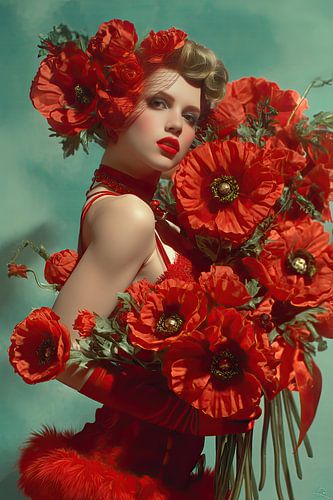 surrealistich portret vrouw met bloemen klaprozen