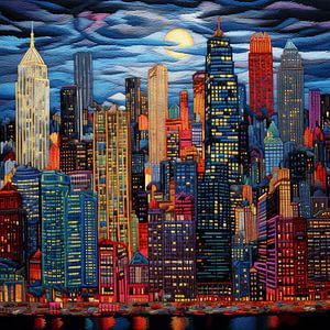 Stickerei Nadelbild City Skyline urban detailreich bunt