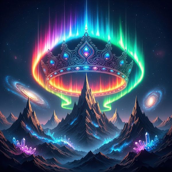 Eine Krone aus Polarlichtern, die über kosmischen Gipfeln leuchtet. von Agunk Visionary Art