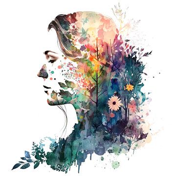 Portret van vrouw in silhouet met natuur elementen van Vlindertuin Art