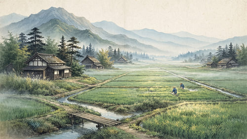 Traditional Japanese Rice Field Village