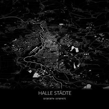 Zwart-witte landkaart van Halle Städte, Sachsen-Anhalt, Duitsland. van Rezona
