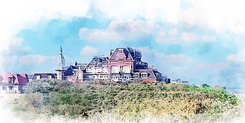 Watercolour print of the bathing pavilion in Domburg, Zeeland by Danny de Klerk