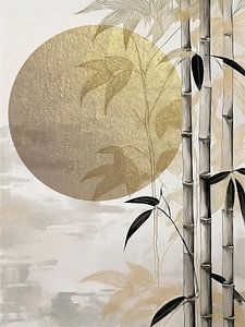 Japandi Art, Sonne scheint hinter Bambus