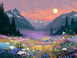 Ein von Mondlicht erhelltes Bergtal voller Wildblumen