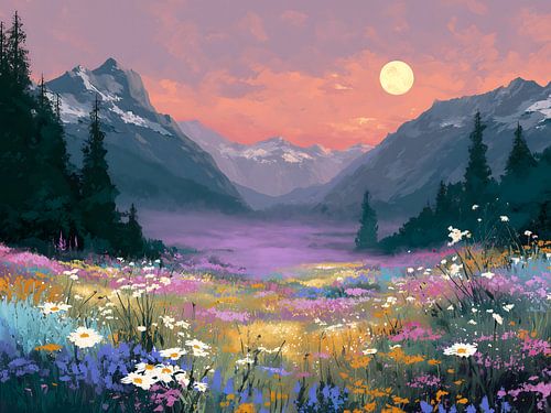 Moonlit wildflower mountain valley