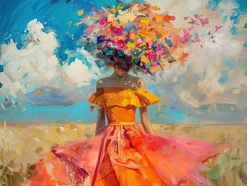 Bloemenvrouw | Hidden Gaze Among Floral Hues van Abstract Schilderij