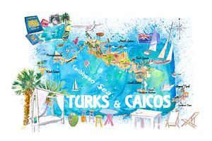 Turks & Caicos Antillen Illustrierte Reisekarte mit Straßen und Highlights