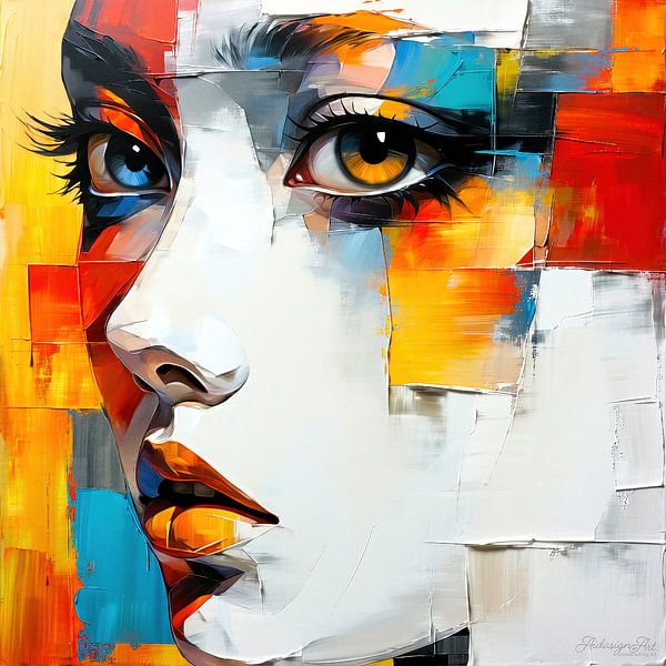 Een vrouwengezicht als abstract gelaat tussen fragment en eenheid - Het dubbele oog van een jonge vrouw in het spel van kleur, lagen en aanwezigheid van AidasignArt