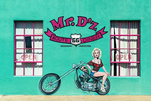 Route 66, mural motorbike and girl by Inge van den Brande