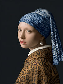Klassiek portret van het Meisje met de Parel van Johannes Vermeer in moderne panterprint twist