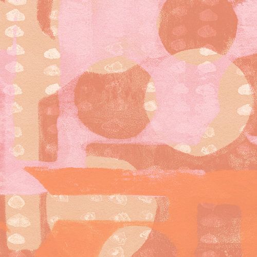 Abstracte vormen in neonroze, oranje, koraal, wit, beige.