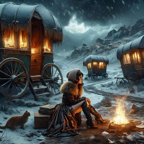 Three old-fashioned caravans in the mountains