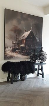Klantfoto: Hollands winterlandschap schilderij met oude boerderij en molen van Preet Lambon