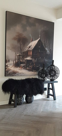 Dutch winter landscape painting with old farmhouse and mill