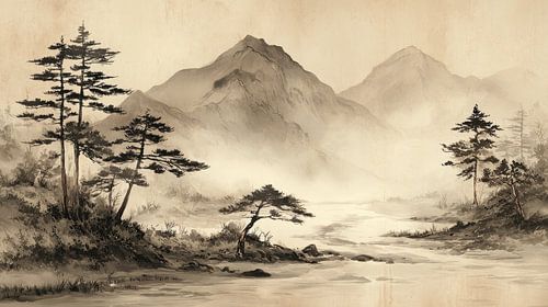 Japanische Kunst – Landschaft mit Bergen