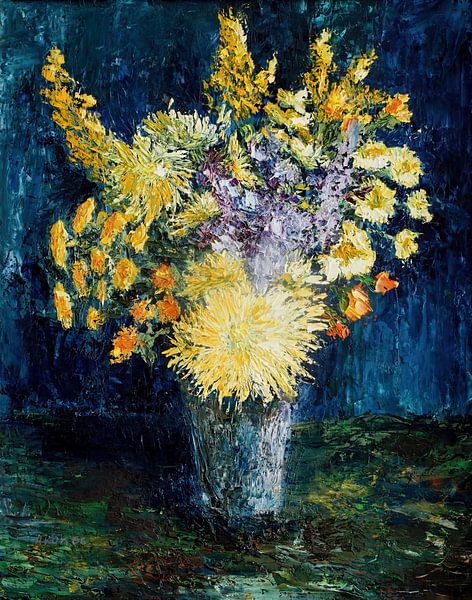Painting with still life of flowers by W J Kok
