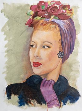 Olieverf portret vrouw met paarse hoed, vintage van Jennemie De Beer