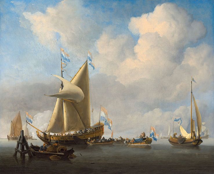 Un calme avec un yacht des États tirant une salve, Willem van de Velde le Jeune par Des maîtres magistraux