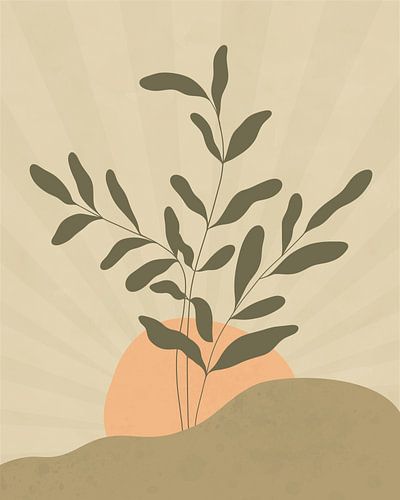 Minimalistisch landschap met een bladplant bij zonsopkomst