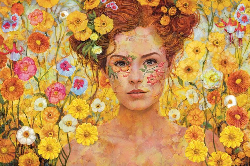 Female portrait with summery yellow flowers by Karen Nijst