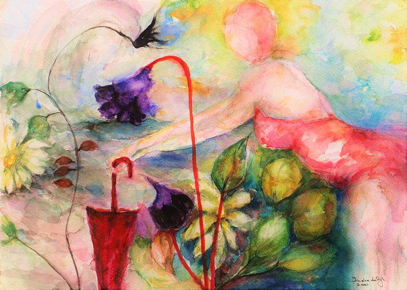 A day to the beach. Aquarel handgeschldert van Ineke de Rijk
