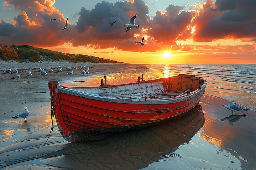 Coucher de soleil idyllique sur la mer calme avec un bateau de pêche traditionnel par Poster Art Shop