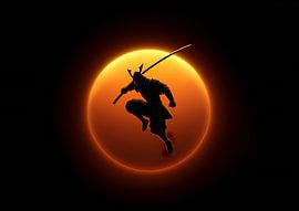 Samurai-Krieger Silhouette gegen orange Sonne von BINEDITS