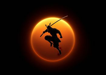 Silhouette de guerrier samouraï sur fond de soleil orange