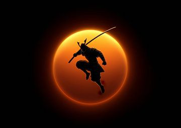 Samurai-Krieger Silhouette gegen orange Sonne von BINEDITS