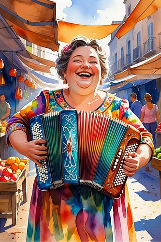 gezellige dame speelt accordeon op straat
