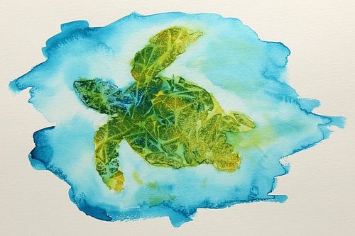 Turtle in the sea (colorful watercolor painting beautiful animals tropical happy nursery blue)
