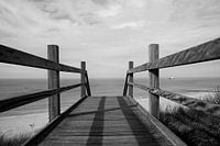 houten brug naar strand zwart wit