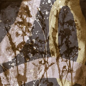 Abstract Retro Botanisch. Bloemen, planten en bladeren in bruin, beige, geel van Dina Dankers