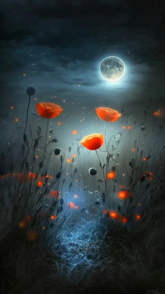 Poppies in atmospheric moonlight by Preet Lambon