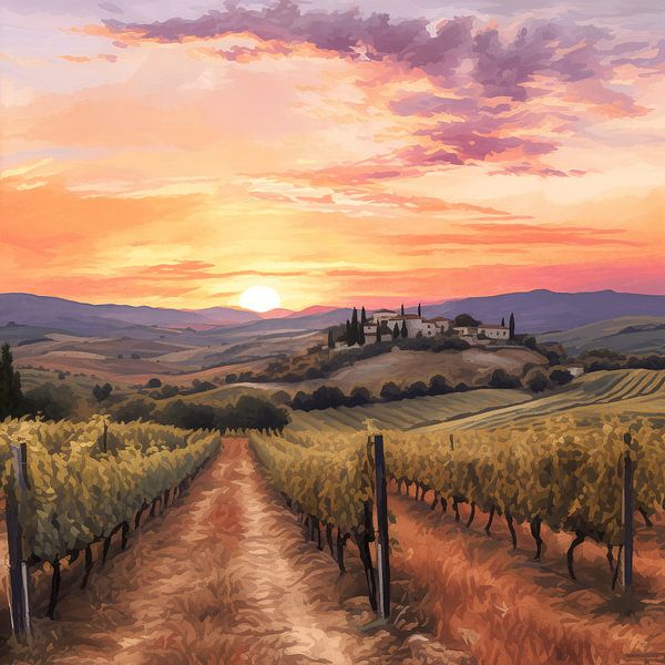 Coucher de soleil rustique | Coucher de soleil sur les vignes par Peinture Abstraite